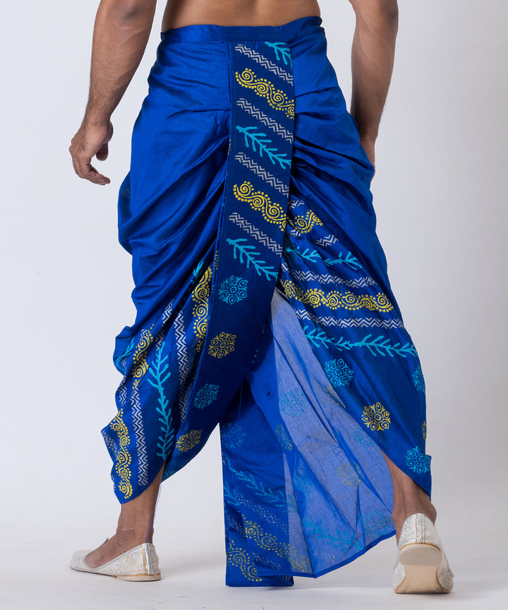 Navy blue hand block printed dupion silk dhoti
