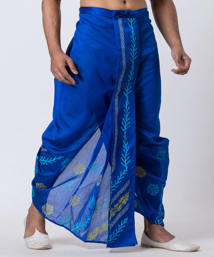 Navy blue hand block printed dupion silk dhoti