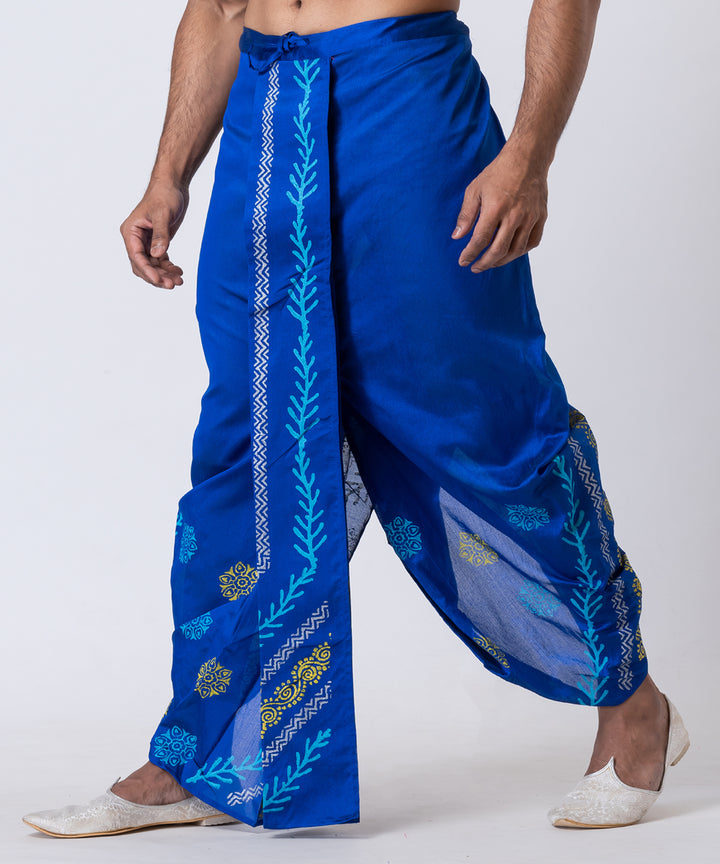 Navy blue hand block printed dupion silk dhoti