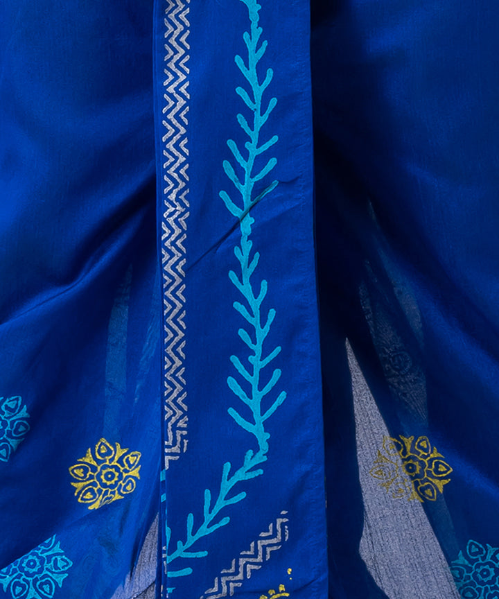 Navy blue hand block printed dupion silk dhoti