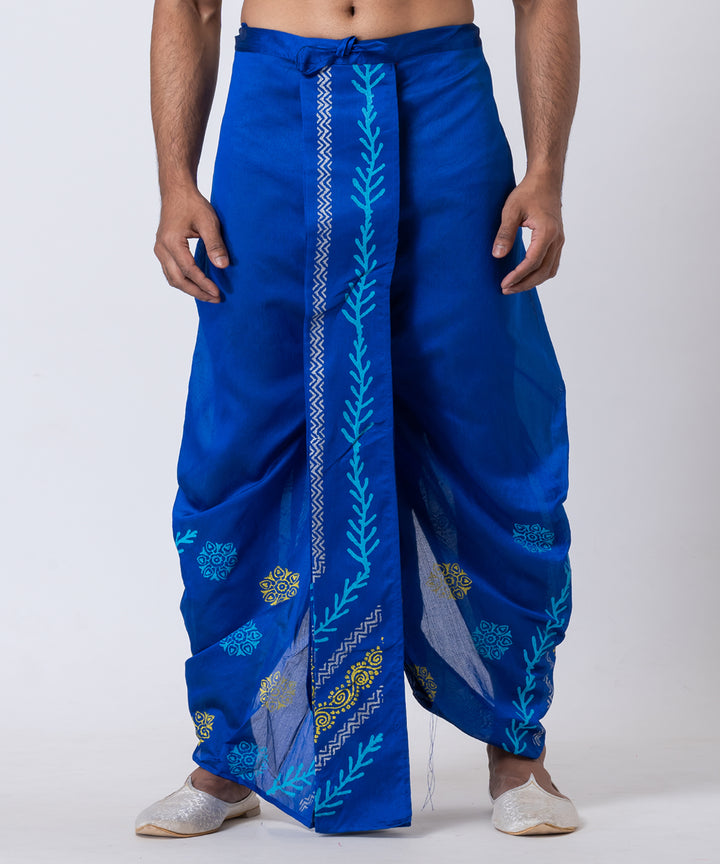 Navy blue hand block printed dupion silk dhoti