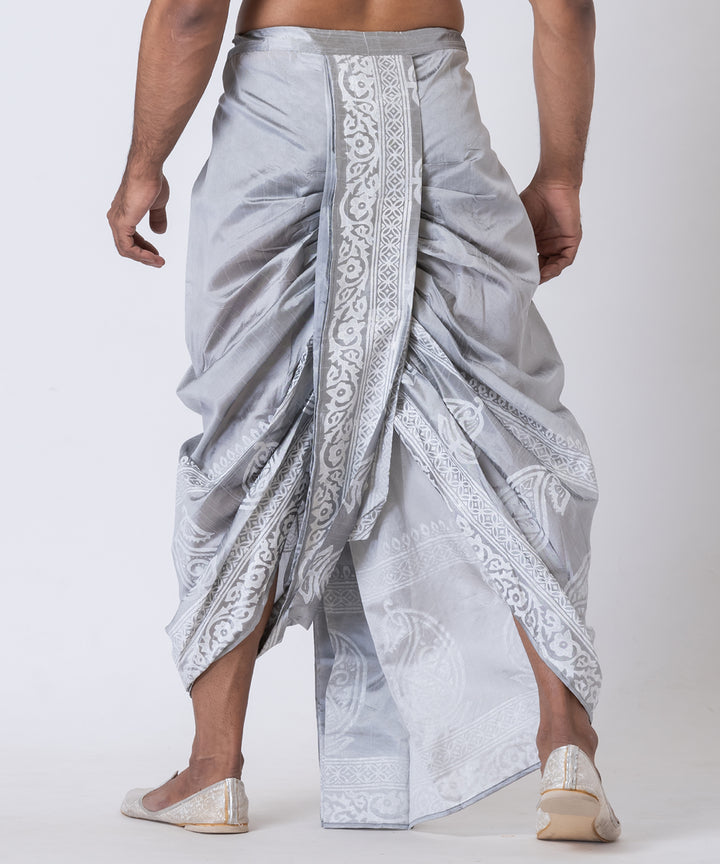 Grey hand block printed dupion silk dhoti