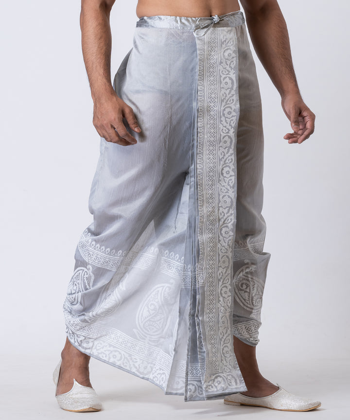 Grey hand block printed dupion silk dhoti