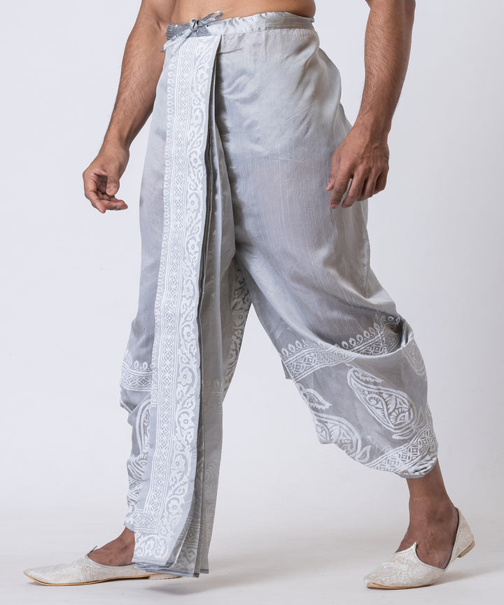 Grey hand block printed dupion silk dhoti