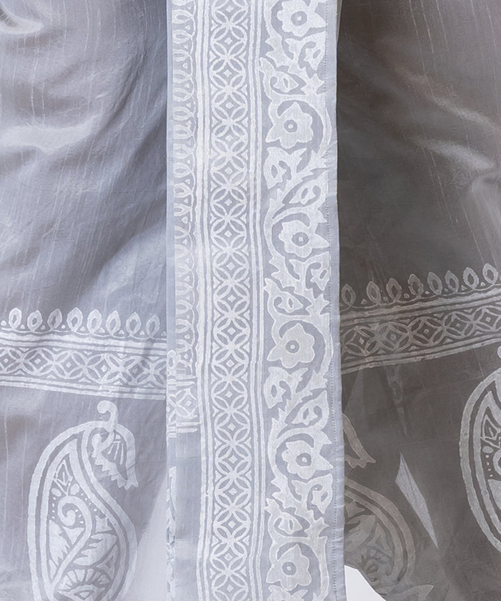 Grey hand block printed dupion silk dhoti
