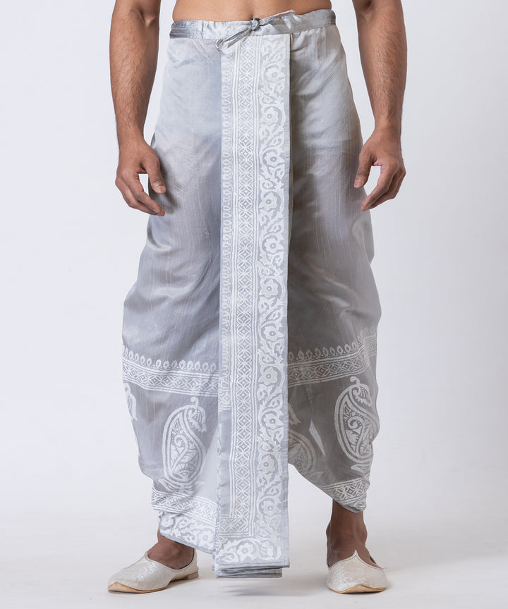 Grey hand block printed dupion silk dhoti