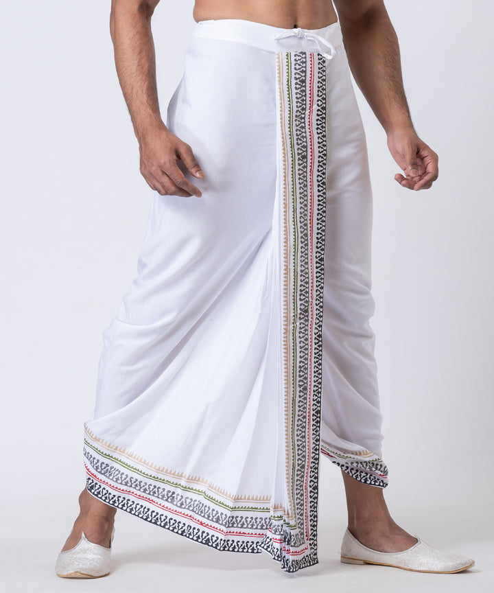 White hand block printed cotton rayon dhoti