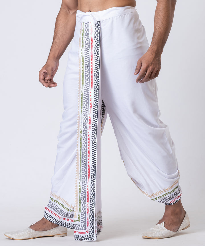 White hand block printed cotton rayon dhoti