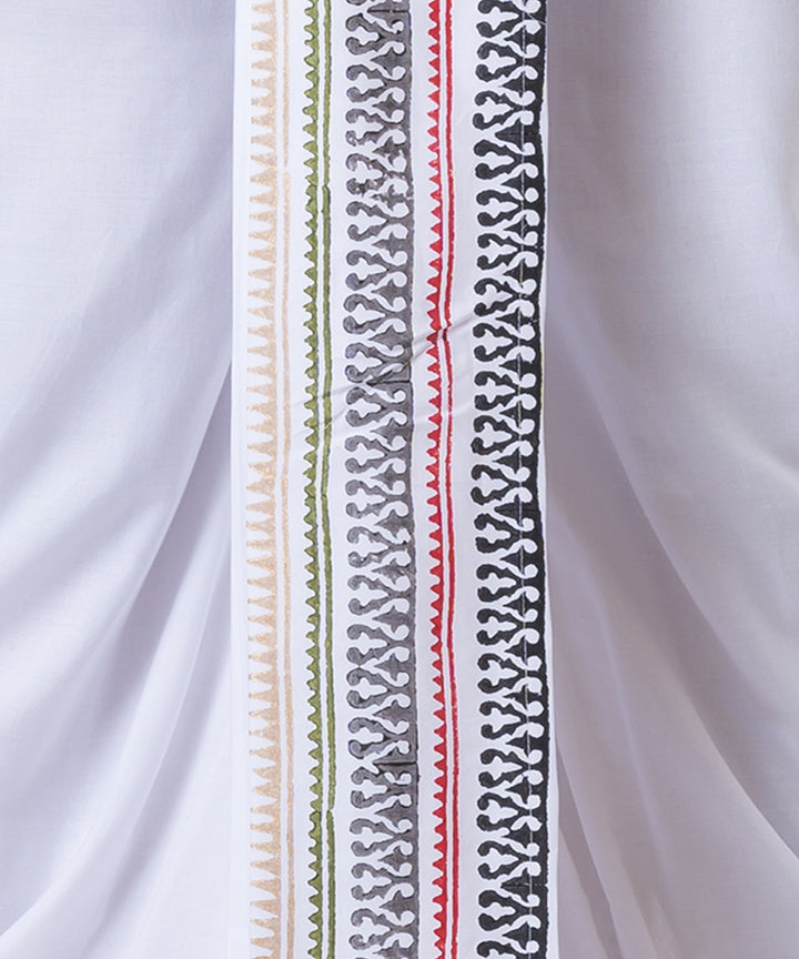White hand block printed cotton rayon dhoti