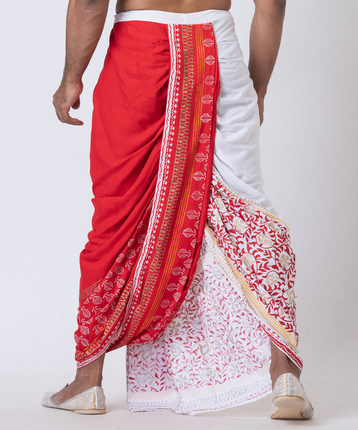 White red hand block printed cotton rayon dhoti