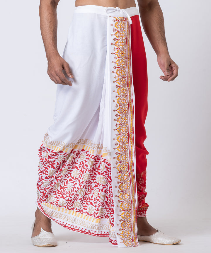 White red hand block printed cotton rayon dhoti