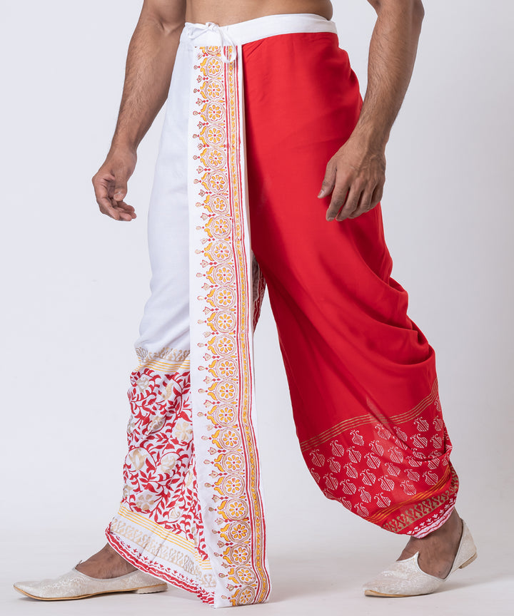 White red hand block printed cotton rayon dhoti