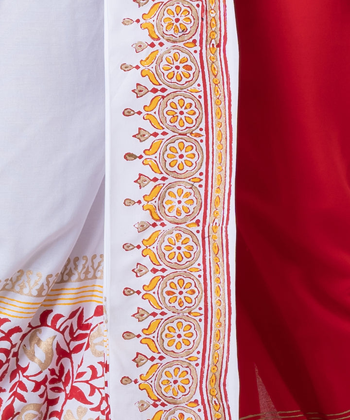 White red hand block printed cotton rayon dhoti