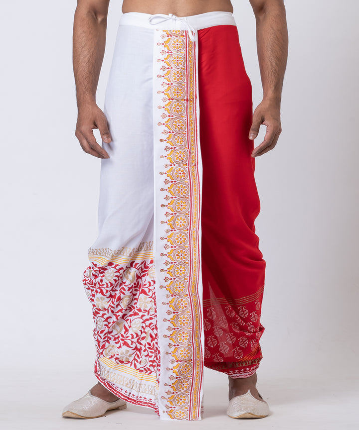 White red hand block printed cotton rayon dhoti