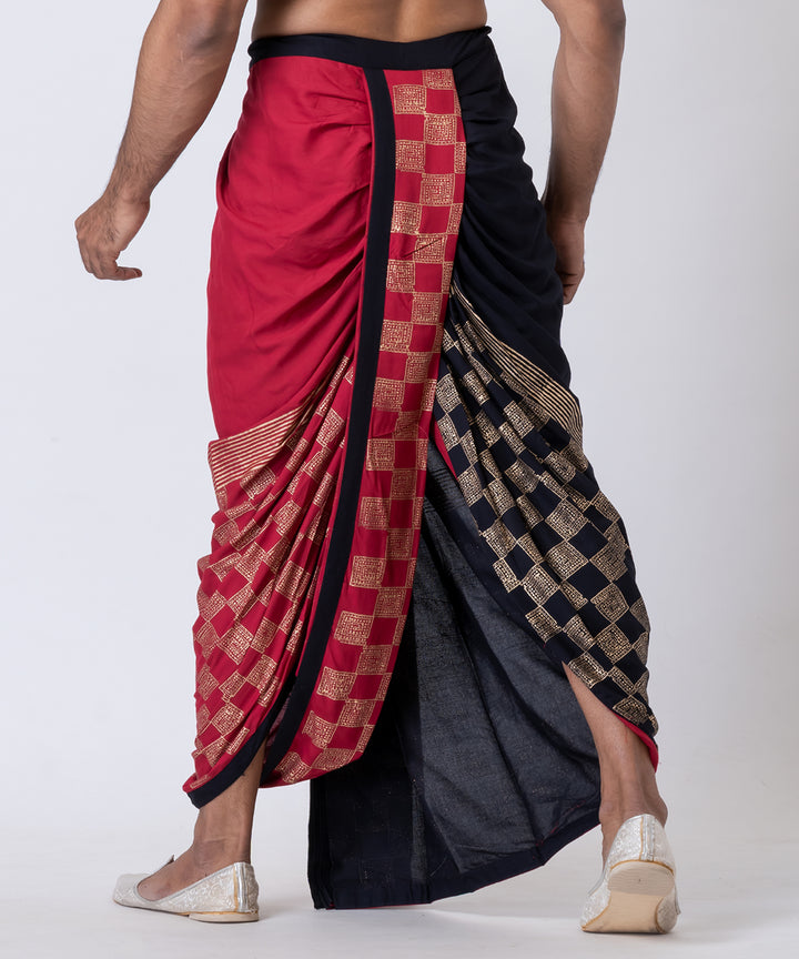 Maroon black hand block printed cotton rayon dhoti