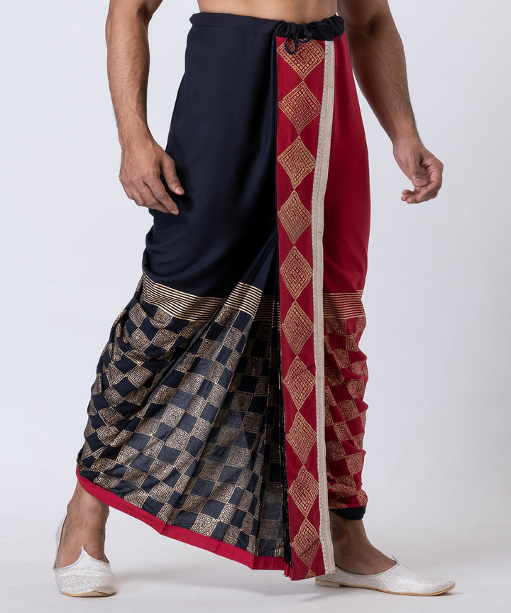 Maroon black hand block printed cotton rayon dhoti