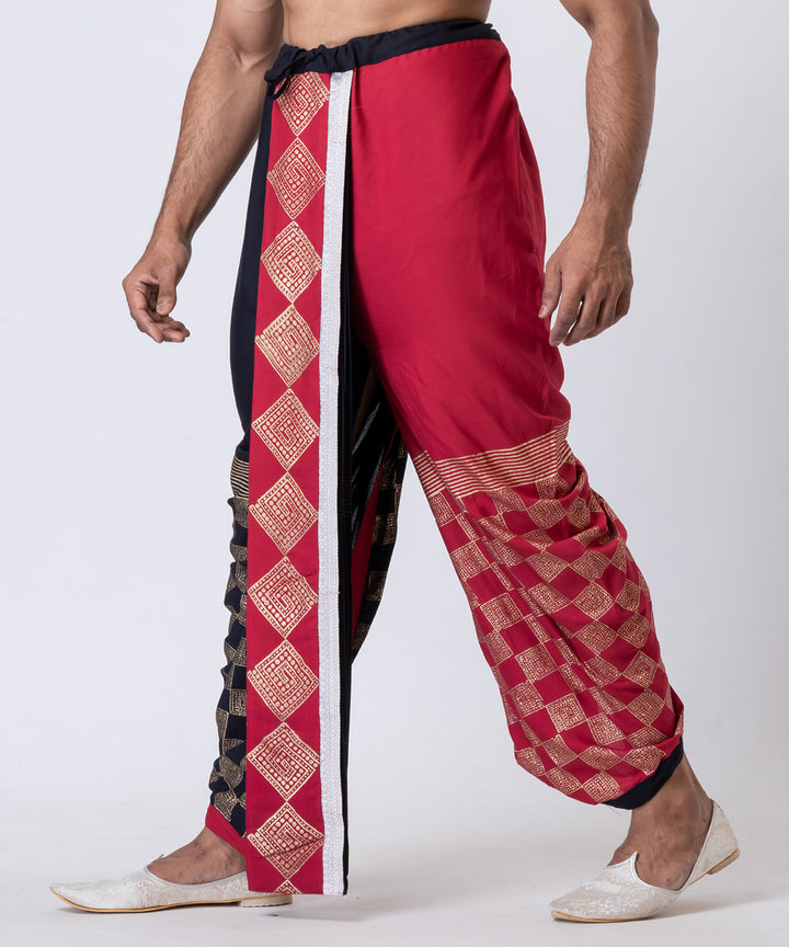 Maroon black hand block printed cotton rayon dhoti