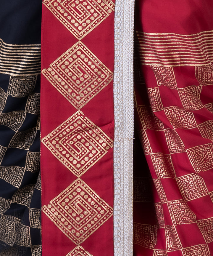 Maroon black hand block printed cotton rayon dhoti