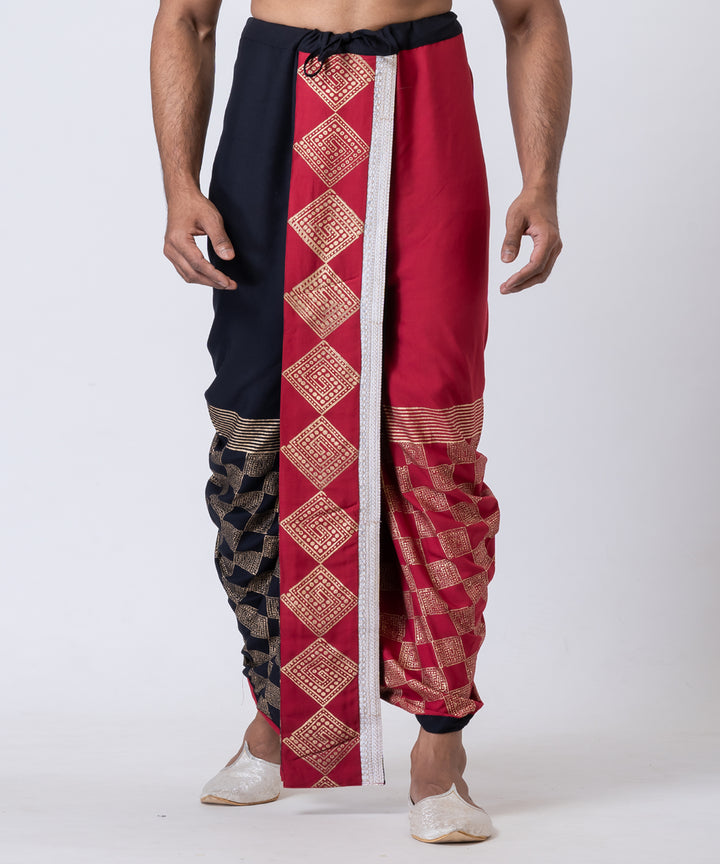 Maroon black hand block printed cotton rayon dhoti