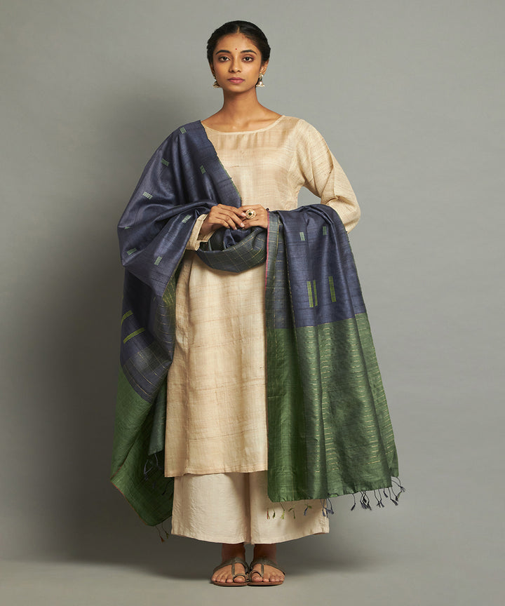 Deep blue tussar silk handwoven kosa dupatta
