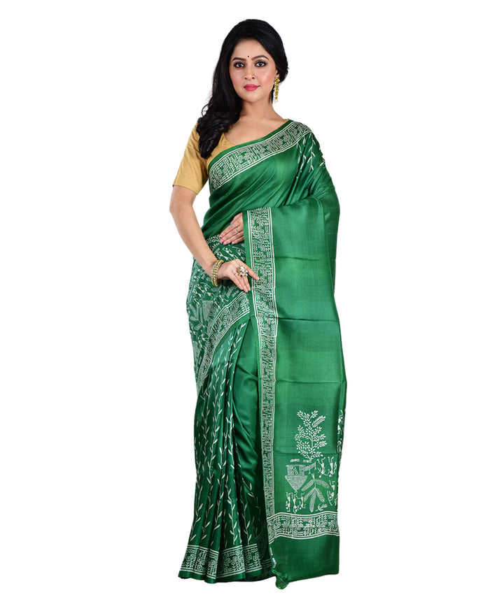 Dark green hand printed silk saree