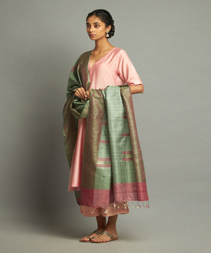 Forest green tussar silk handwoven kosa dupatta