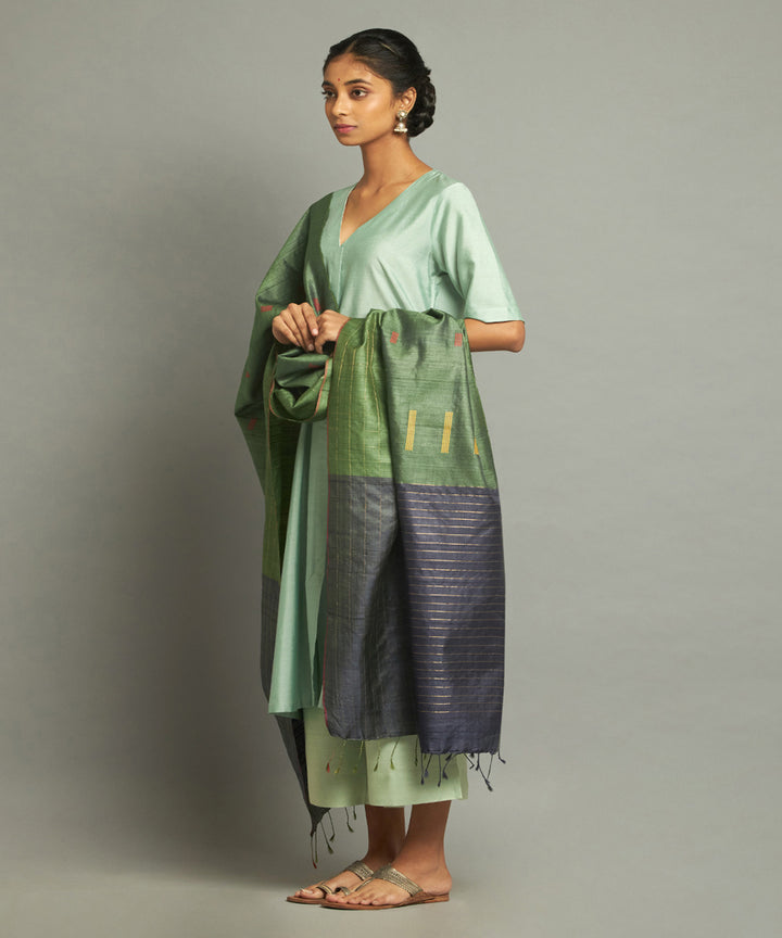 Deep green tussar silk handwoven kosa dupatta