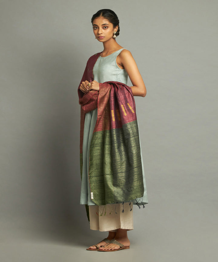 Deep maroon tussar silk handwoven kosa dupatta