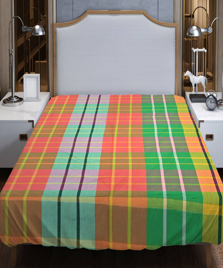 Light green multicolor handloom cotton double bed bedsheet