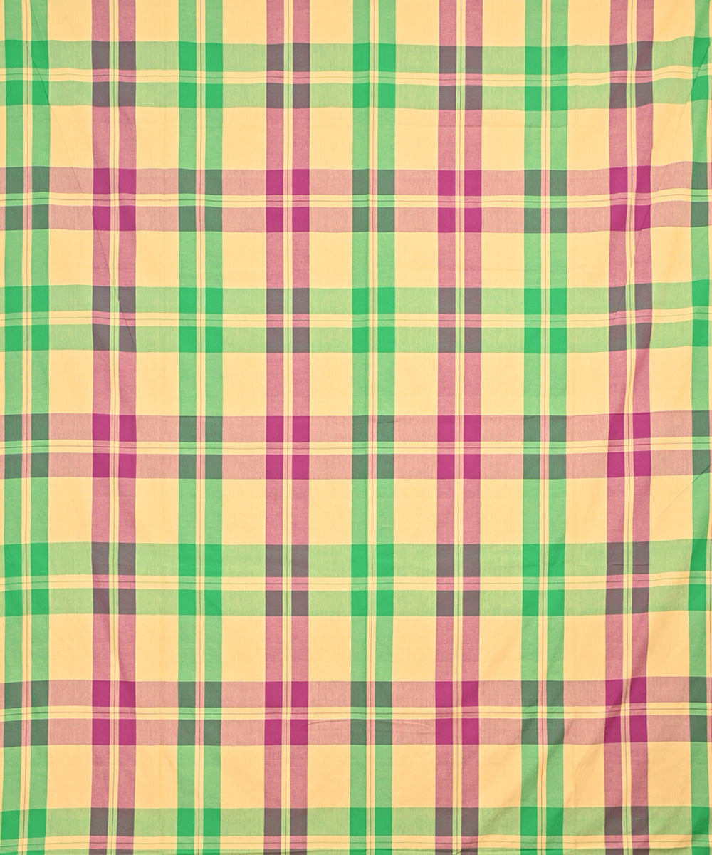 Light green pink checked handloom cotton double bed bedsheet