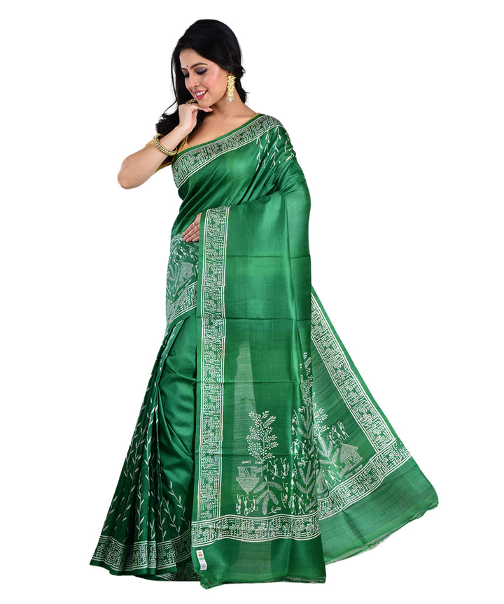Dark green hand printed silk saree