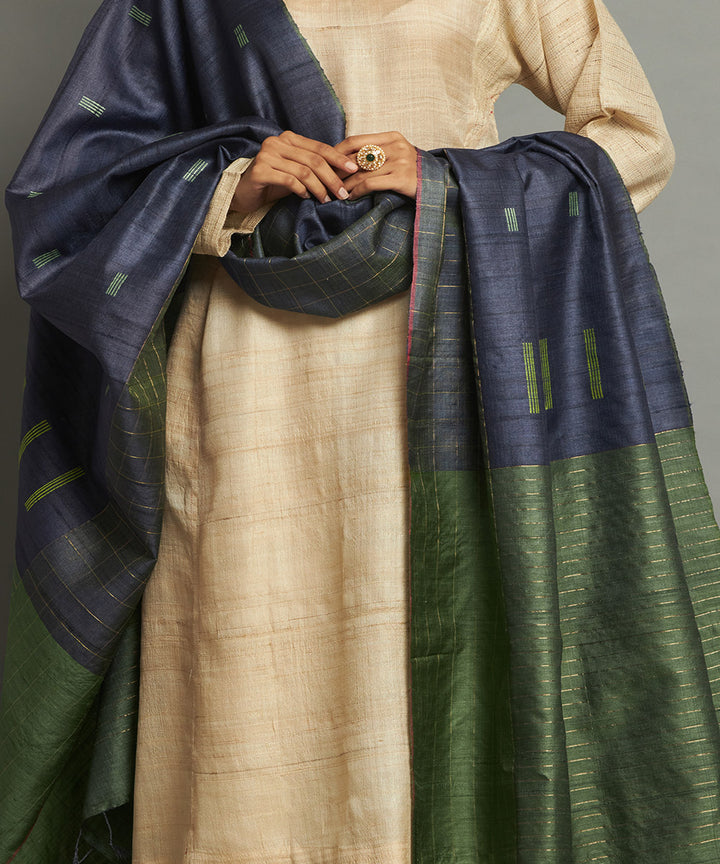 Deep blue tussar silk handwoven kosa dupatta