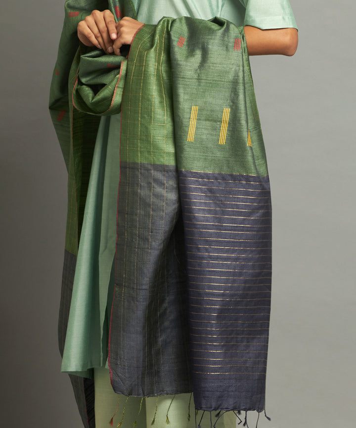 Deep green tussar silk handwoven kosa dupatta