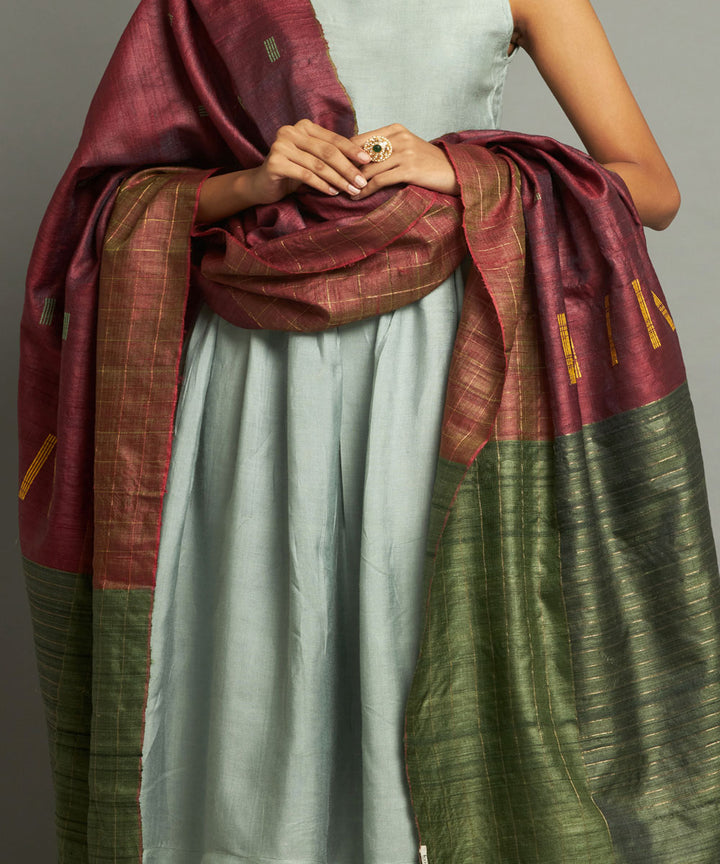 Deep maroon tussar silk handwoven kosa dupatta
