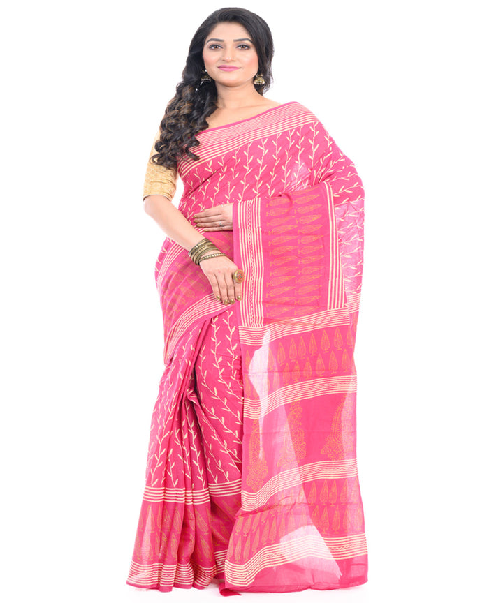 Pink hand block printed bengal cotton saree