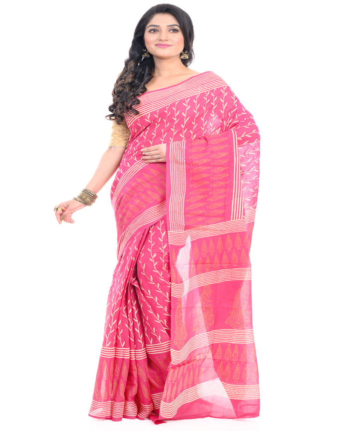Pink hand block printed bengal cotton saree