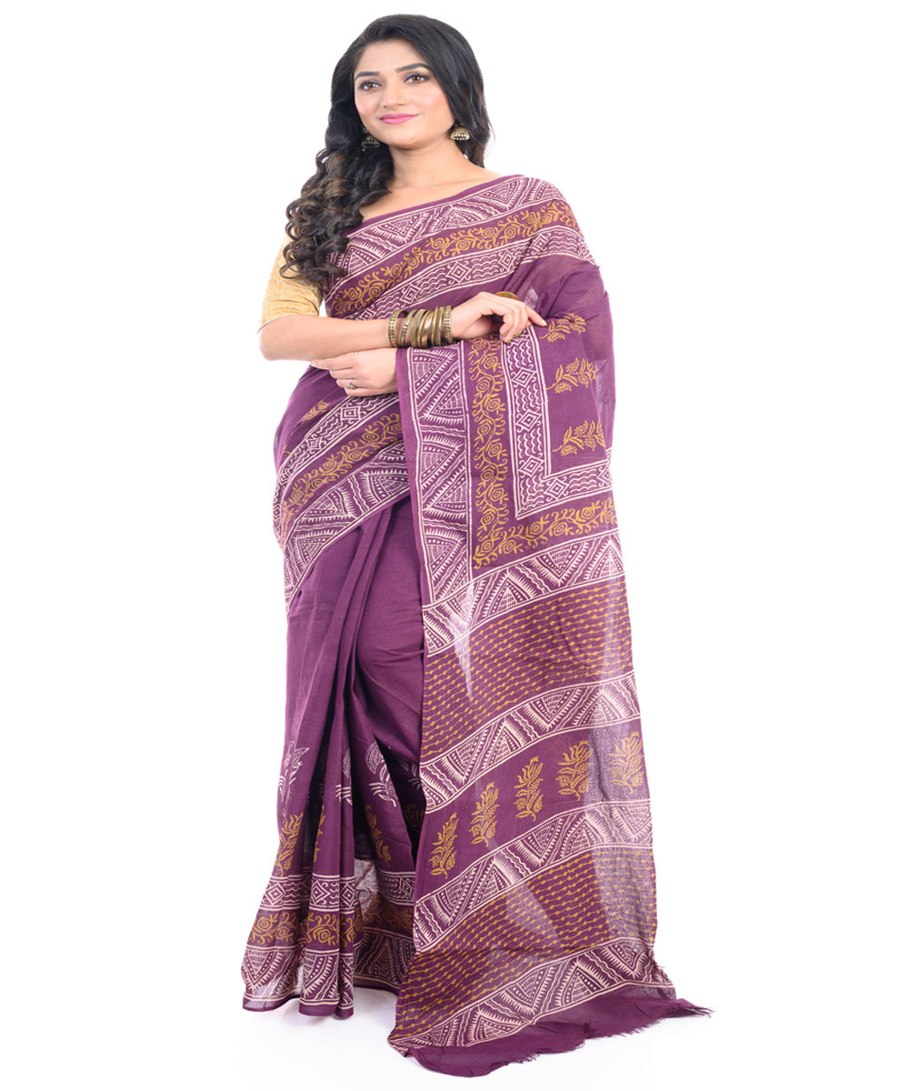 Purple hand block printed bengal cotton saree