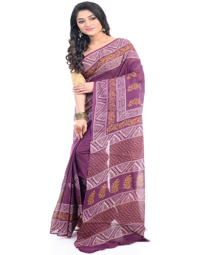 Purple hand block printed bengal cotton saree