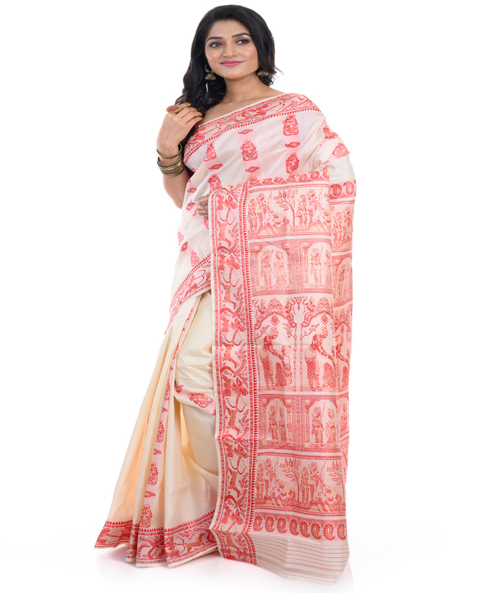 Off white red handwoven baluchari silk saree