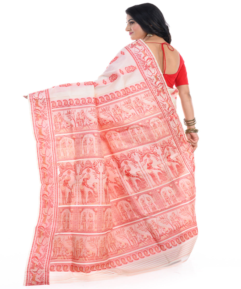 Off white red handwoven baluchari silk saree