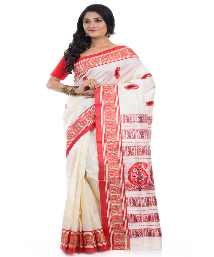 Offwhite red handloom garad silk saree