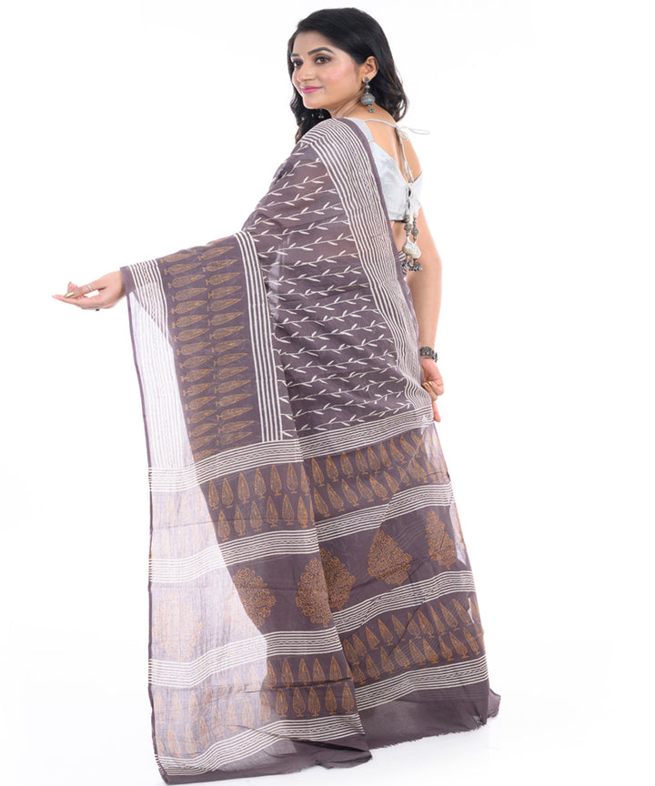 Brown hand block printed bengal cotton saree