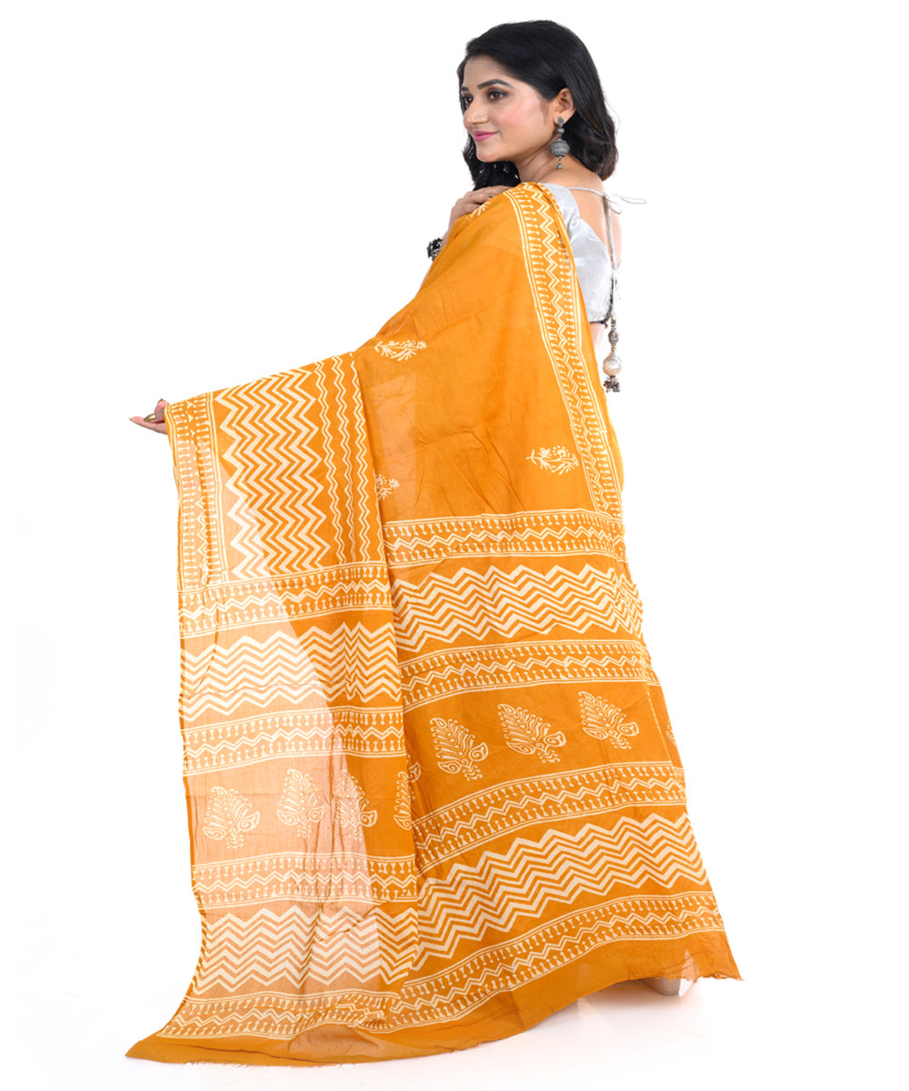 Yellow hand block printed bengal cotton saree