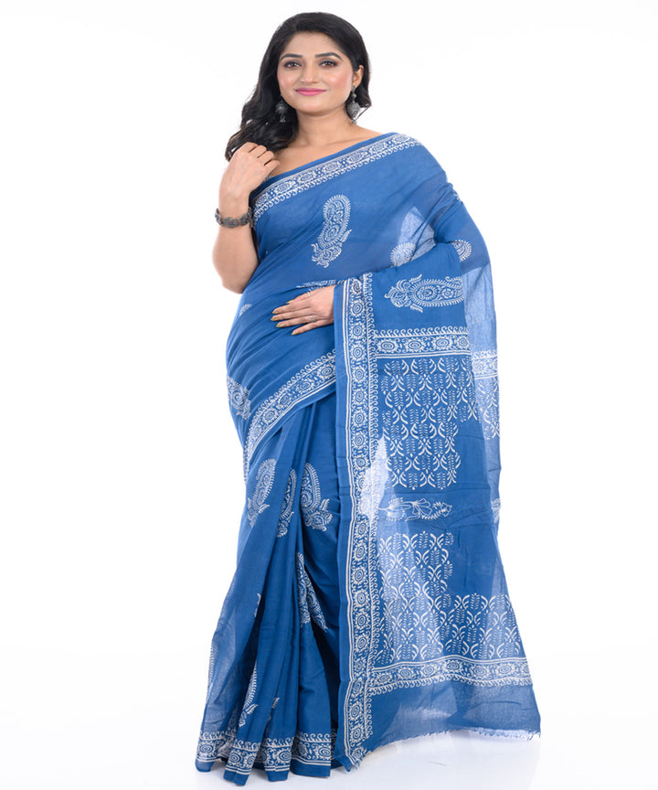 Denim blue hand block printed cotton bengal saree