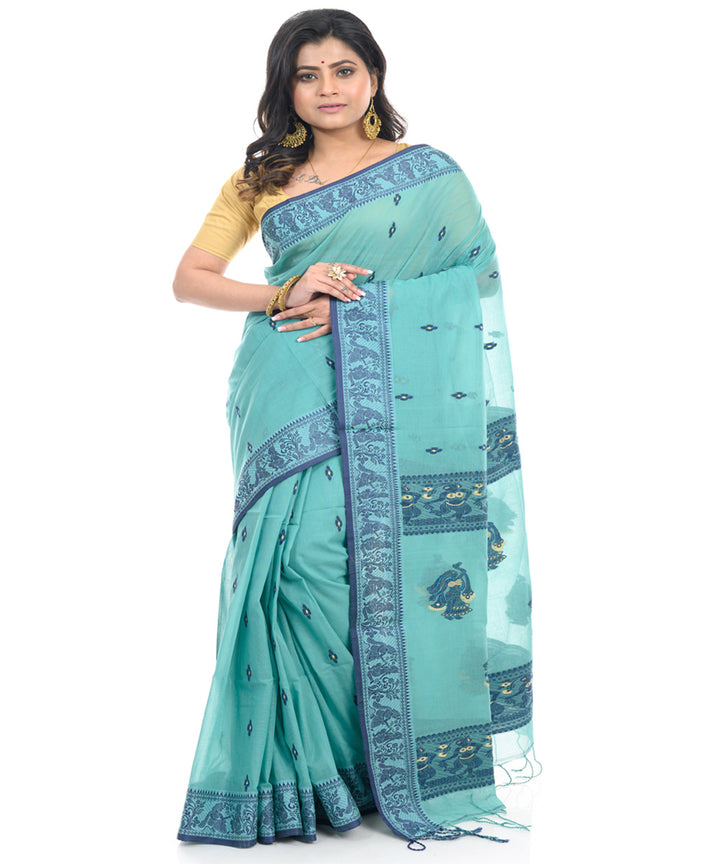 Cyan blue handwoven cotton shantipuri saree