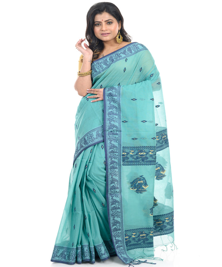 Cyan blue handwoven cotton shantipuri saree