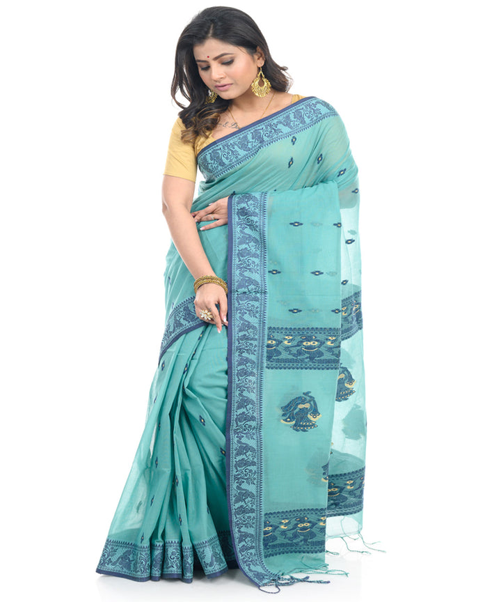 Cyan blue handwoven cotton shantipuri saree
