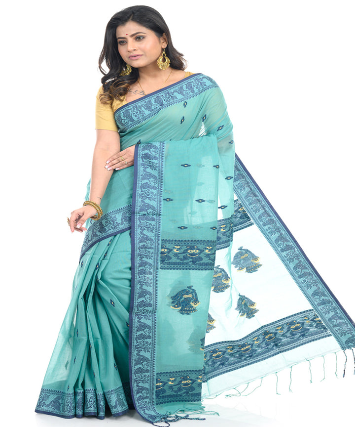 Cyan blue handwoven cotton shantipuri saree