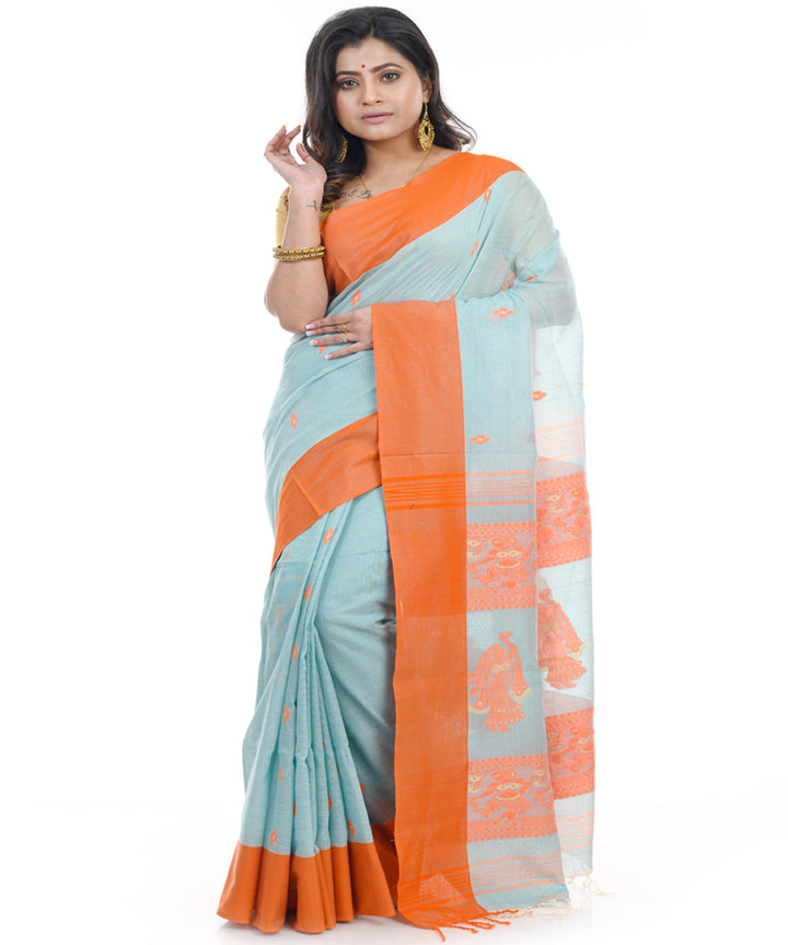 Cyan green handwoven cotton shantipuri saree