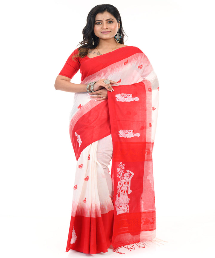 White red handwoven cotton shantipuri saree